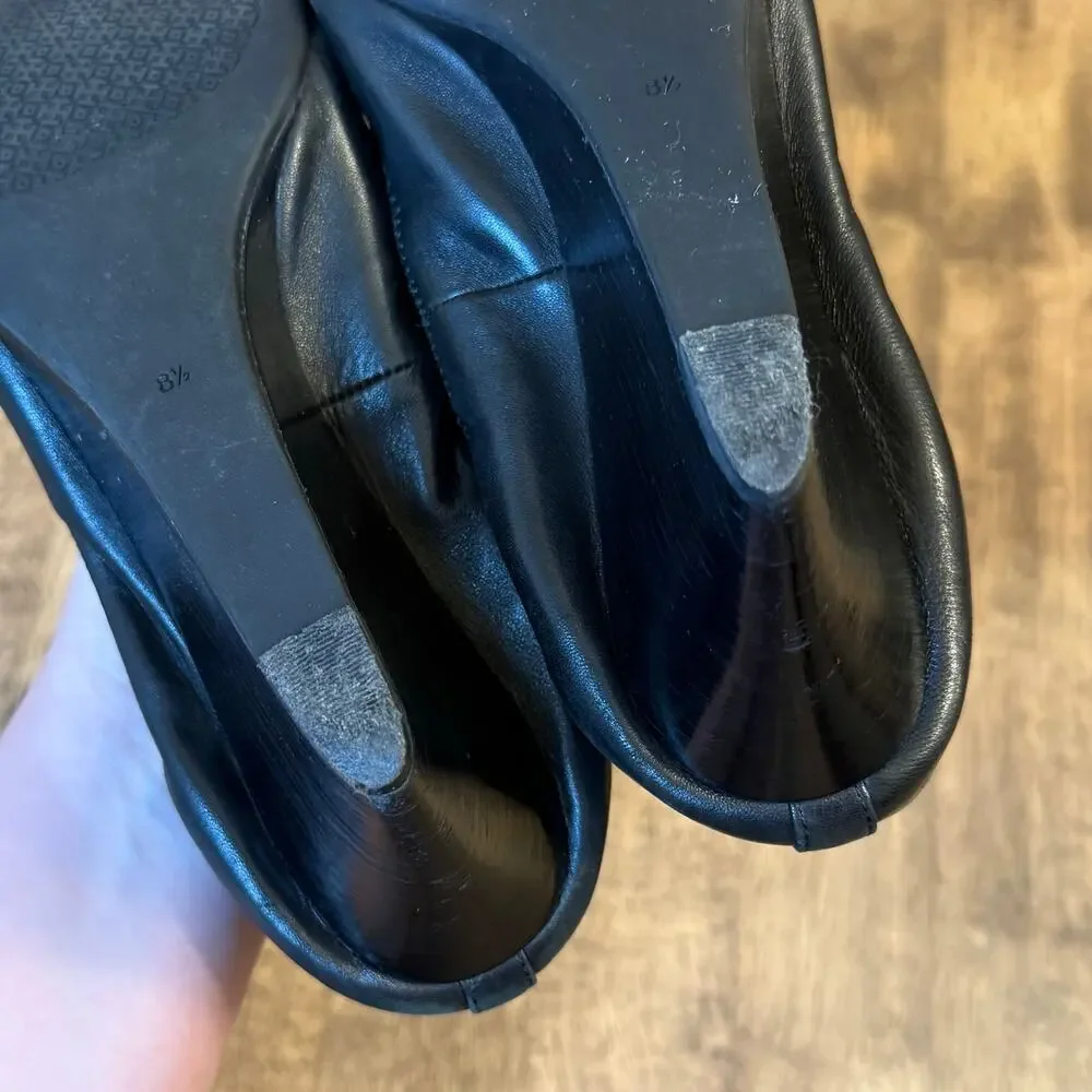 Tory Burch Jolie Ballet Wedge Leather Heel Gold Logo Round toe Black Women's 8.5